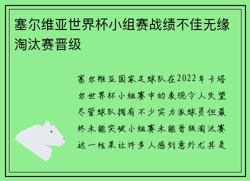 塞尔维亚世界杯小组赛战绩不佳无缘淘汰赛晋级